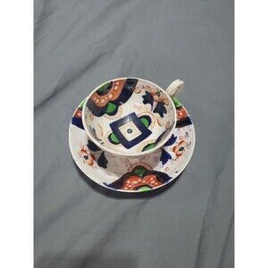 Antique Gaudy Welsh English Cup and Saucer Staffordshire Pottery Imari Pattern